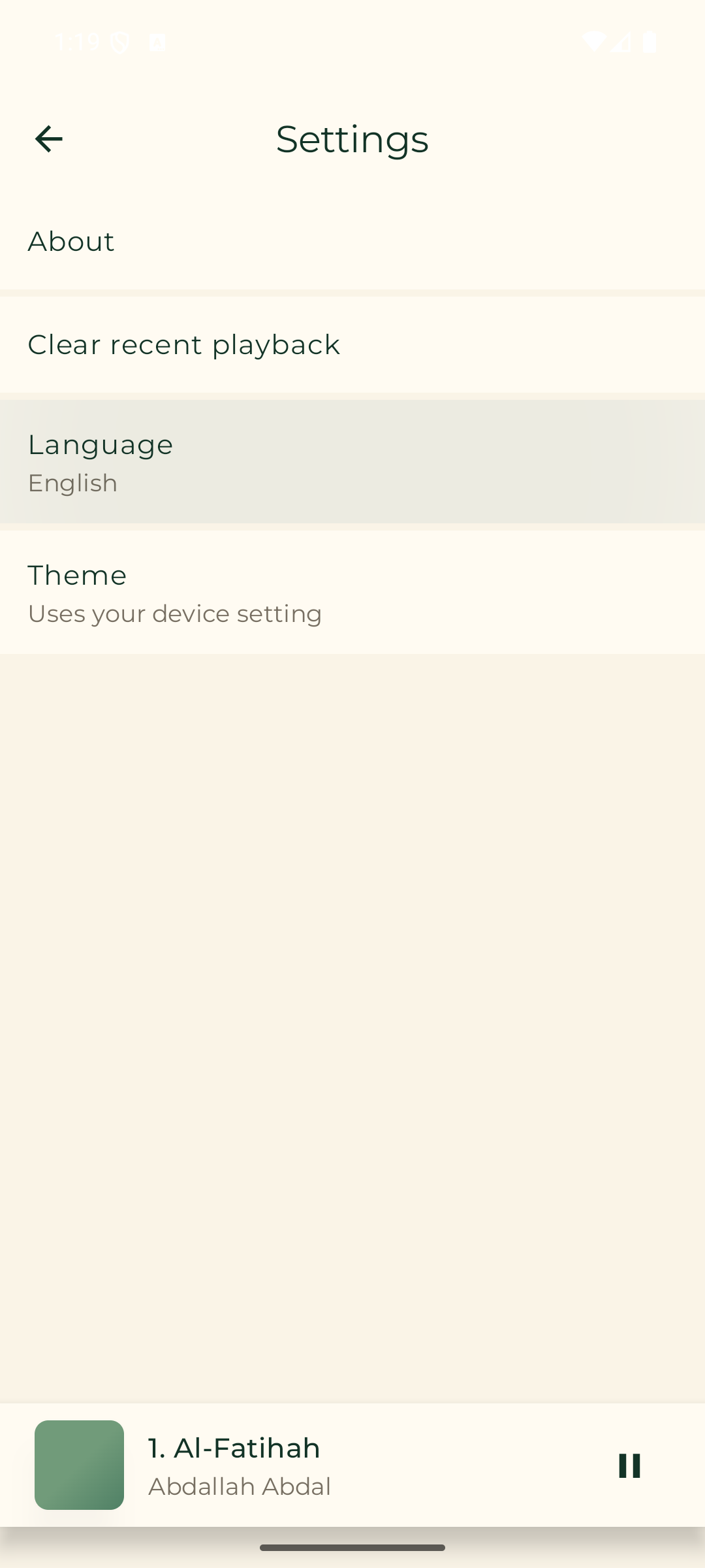 English settings screen
